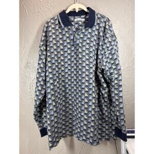 Jos. J. Oliver Long Sleeve Polo Collared Geometric Blue Shirt Men's Size XL
